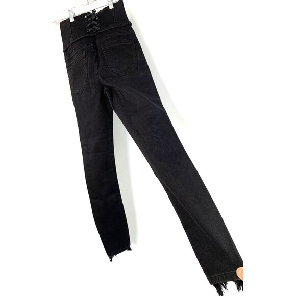 Blanknyc Corset High Rise Skinny Black Denim Jeans Raw Shark Bite Hem Sz 26 NWT - Picture 1 of 10